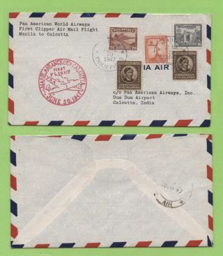 Phillipines 1947 P.  A.  A.  First Airmail Flight Manila - Calcutta Cover With Cachet photo