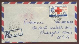Jamaica Registered Myers Wharf 1963 Red Cross 1/6 To Chicago Universal Etiquette photo
