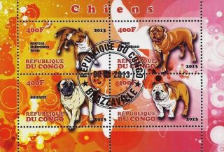 2013 Republic Of Congo Postage Mini - Sheet Of 4 Dogs Canines Bulldog Terrier Cto photo