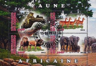 2013 Republic Of Congo Postage Mini - Sheet Of 4 Wild African Animals 1 Of 2 Cto photo