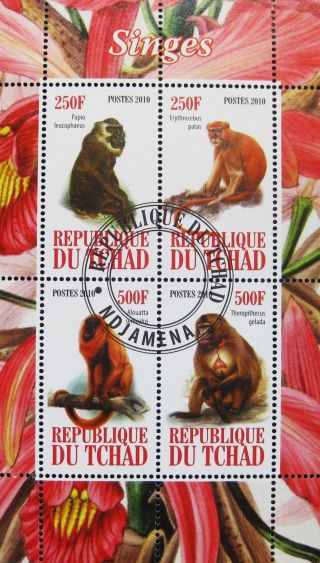 2010 Chad Postage Mini - Sheet Of 4 Apes Primates Monkeys Wild Animals Nature Cto photo
