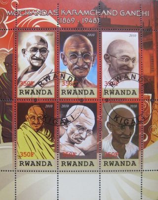 2010 Rwanda Mini Sheet Of 6 Mahatma Gandhi Revolutionary Leader India Cto photo