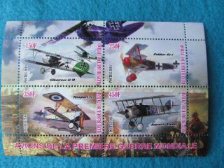 2011 Souvenir Stamp Sheet Of Wwi Military Bi Wing Airplanes Chad, photo