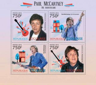 Togo - Beatle Paul Mccartney,  70th Birthday - 4 Stamp Sheet - 20h - 450 photo