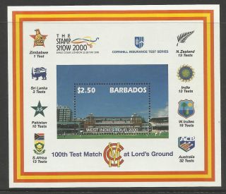 Barbados 2000 Lord ' S Cricket 100th Centenary Test Match Souv Sheet photo