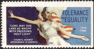 Stamp Label Usa 1939 Wwii Poster Council Against Intolerance America Equality Mn photo