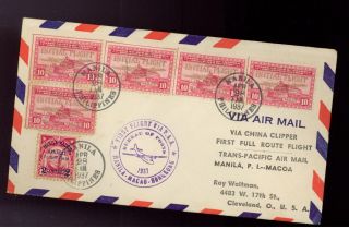 1937 Phillipines First Flight Cover To Hong Kong And Macau Ffc photo