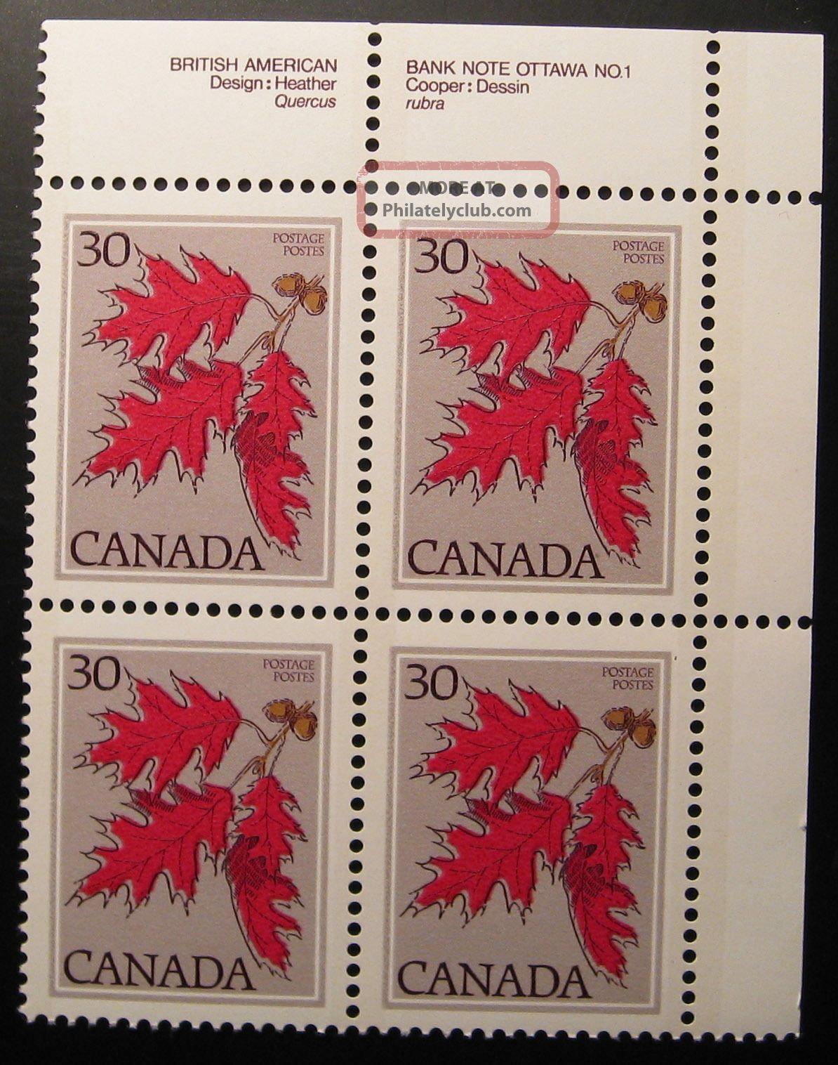 Canada 720 1978 30 Cent Canadian Trees - Red Oak Plate Block