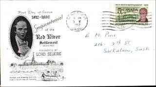 Sesquicentennial Of The Red River Settlement Fdc Rosecraft Sask.  1962 Canada photo