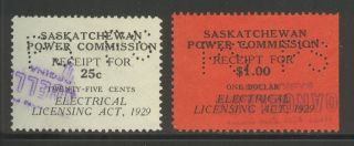 Saskatchewan Se6/se8,  1929 25c/$1 Electrical Inspection Revenues,  Cancelled photo