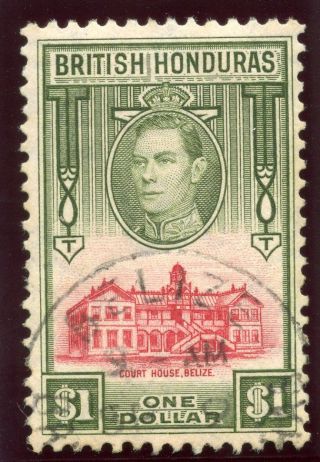 British Honduras 1938 Kgvi $1 Scarlet & Olive.  Sg 159.  Sc 124. photo
