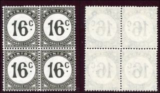 Trinidad & Tobago 1961 Qeii Postage Due 16c Black Block Of Four.  Sg D32a. photo