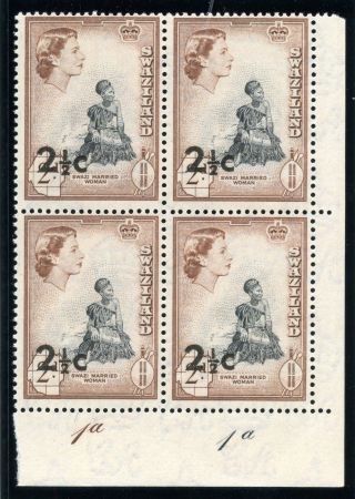 Swaziland 1961 Qeii 2½c On 2d Black & Brown Plate Block Of Four.  Sg 68. photo
