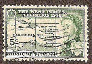 Trinidad & Tobago Scott 86,  Queen Elizabeth Ii & Map Of Caribbean,  Nh 1958 photo