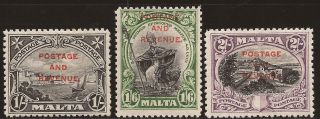 1928 Malta Kgv Ovpt Postage & Revenue Inscr.  Postage 3v 1s,  1s6d & 2s Sg186/8 photo