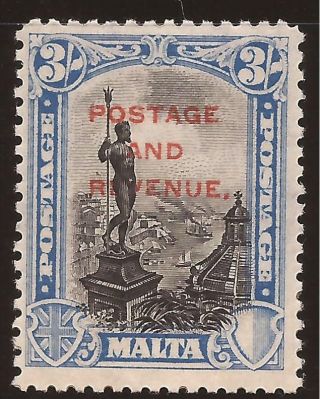 1928 Malta Kgv Ovpt Postage & Revenue Inscr.  Postage 3s 3/ - Sg190 + Margin Mh photo