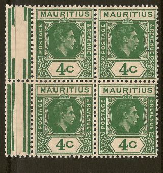 Mauritius: 1943 4c Deep Dull Green Sg 254b Unmounted Block Of Four photo