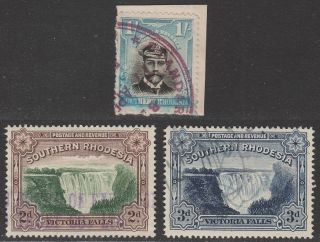 Southern Rhodesia 1924 - 41 Kgv 1sh,  Victoria Falls 2d,  3d Fiscally photo