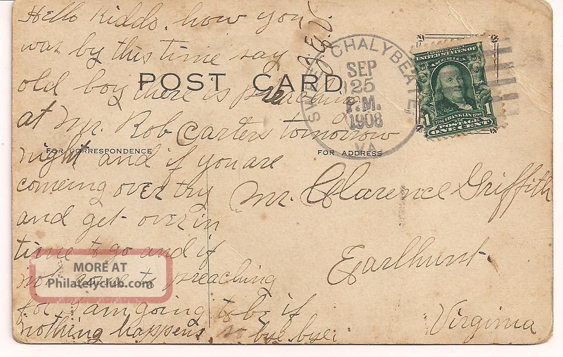 1c Franklin Us Postage Stamp Post Card Scott 300 1908 Sweet Chalybeate Va
