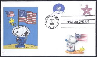 Patriotic Snoopy - Nasa Astronaut On Moon - Woodstock - Patriotic Star Stamp Fdc - Dwc photo