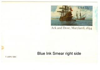 Ux101 Arc& Dove 13c Postcard Blue Color Error?? Smear On Right photo