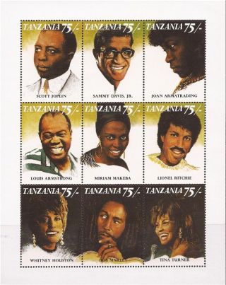 Tanzania - 1992 Black Music Artists - 9 Stamp Sheet - 20e - 062 photo