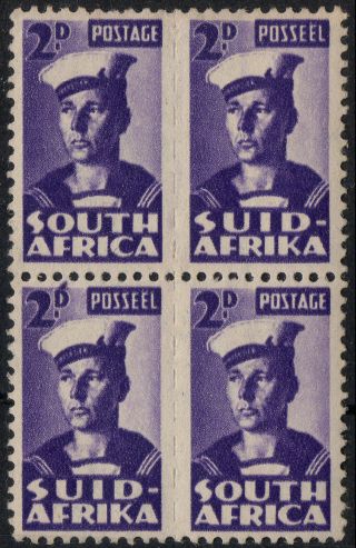 South Africa Sg 100c 1943 2d.  With Apostrophe Flaw In Block Of 2 Units photo