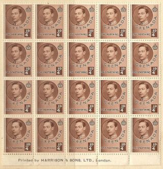 British Island Grenada 1937 King George Vi Stamp Block Of 20 Bwi photo