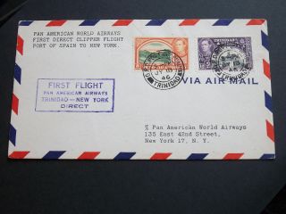 Kgvi 1946 20c Air Mail First Direct Clipper Flight Cover Trinidad To York Us photo