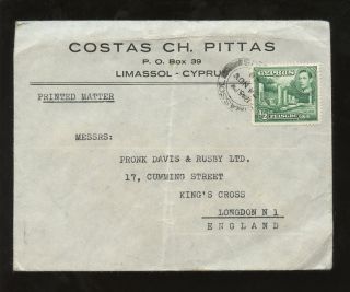 Cyprus Kg6 1948 Printed Advert Envelope. . .  Pittas. . .  Limassol Pmk. . .  1/2pi To Gb photo