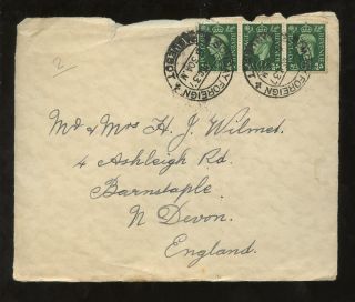 India 1937 Cover Front Kg6 1/2d X 3. . .  Bombay Foreign Paquebot. . .  To Devon photo
