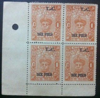 India Cochin State Block Of 4 Ovpt T.  C.  6p - Check Our Other Listing Also photo