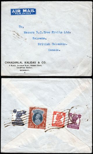 India - Canada 1947 Airmail Cover F/w Kgvi ½a,  2a,  8a & 1r Tied By Wavy Lines Mark photo
