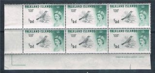 Falkland Is 1960 0.  5d Black & Green Dlr Imprint Block 6 Sg193a photo