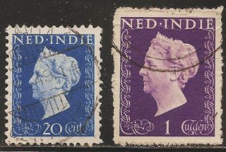 1948 Netherlands Indies: Scott 282 & 288 (2) Queen Wilhelmina (20c & 1g) photo