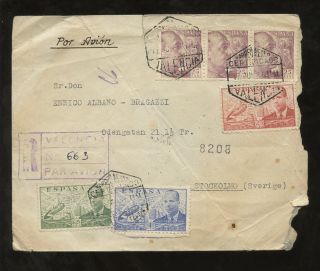 Spain 1947 Airmail Autogiro 4 Colour Franking To Sweden Registered Valencia photo