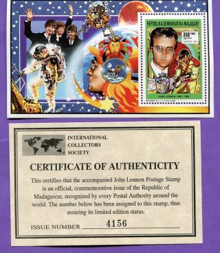 Madagascar John Lennon The Beatles 1 Unhinged Mt Stamp Sheetlet W/ photo