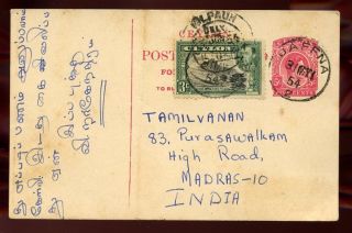 Ceylon 1954 5c Stationery Card To India Uprated Kgvi 3c Jaffna Cancels photo