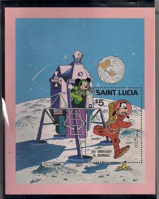 Vintage Saint Lucia Mickey Mouse & Goofy 10th Anniversary Moonwalk Stamp Sheet photo