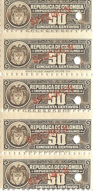Republica De Colombia 5.  C.  1940 Fiscals W/ Specimen Ovpts Impuestos Consumo photo