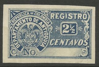 Colombia - Antioquia.  1896.  Proof Of The 2 - 1/2c Blue Registration Stamp. . photo
