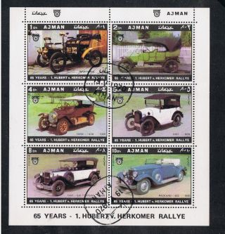 Ajman.  1970.  65 Years.  1.  Hubert V.  Herkomer Rallye.  Mini - Sheet.  6 Vintage Cars. photo