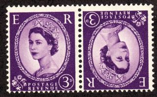 1958 Great Britain Queen Elizabeth 3p Tete - Beche Pair Sc 358 Sg 575 Wmk 322 photo