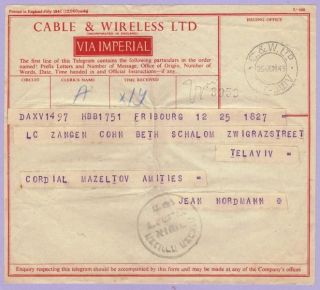 Israel Cable & Vireless Military Censor Telegram From Switzerland 1949. photo