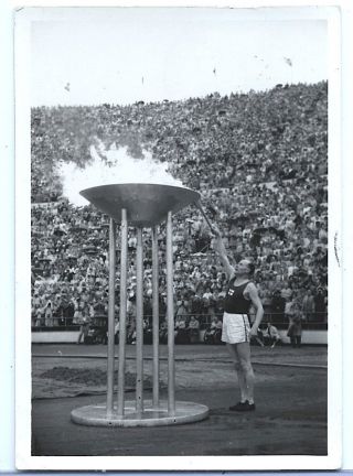 1952 Summer Olympic Games Helsinki,  Rppc Paavo Nurmi Lighting Olympic Flame photo