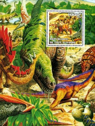 2002 Ivory Coast Souvenir Sheet Prehistoric Dinosaurs Reptiles Nature Fossil photo