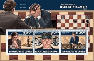 Guinea - 2013 Bobby Fischer 70th Anniversary - 3 Stamp Sheet - 7b - 2283 photo