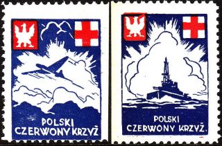 Stamp Label Poland Wwii Poster Cinderella Red Cross Czerwony Ship Airplane photo