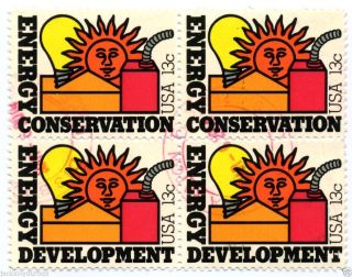 1723 - 4 Block Of 4 Energy Conservation & Development Yr 1977,  13 Ct Postmark photo