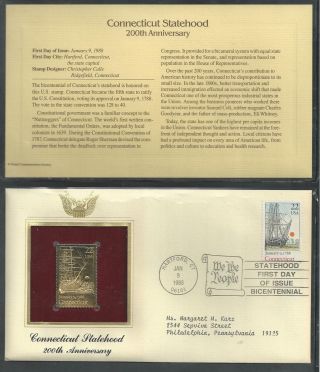 2340 Connecticut Statehood Bicentennial.  1988 Gold Foil First Day Cover photo